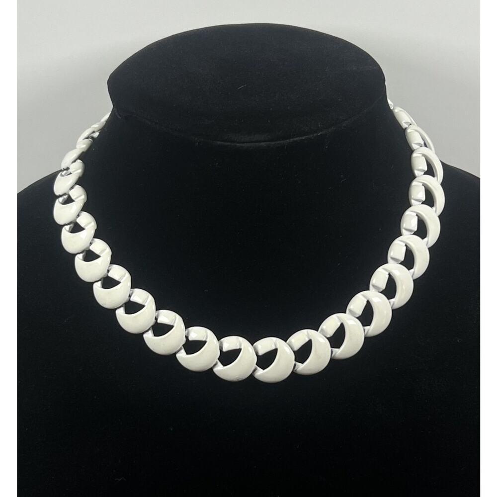 Vintage Monet White Enamel Cuban Link Style Costume Necklace Bold Chunky